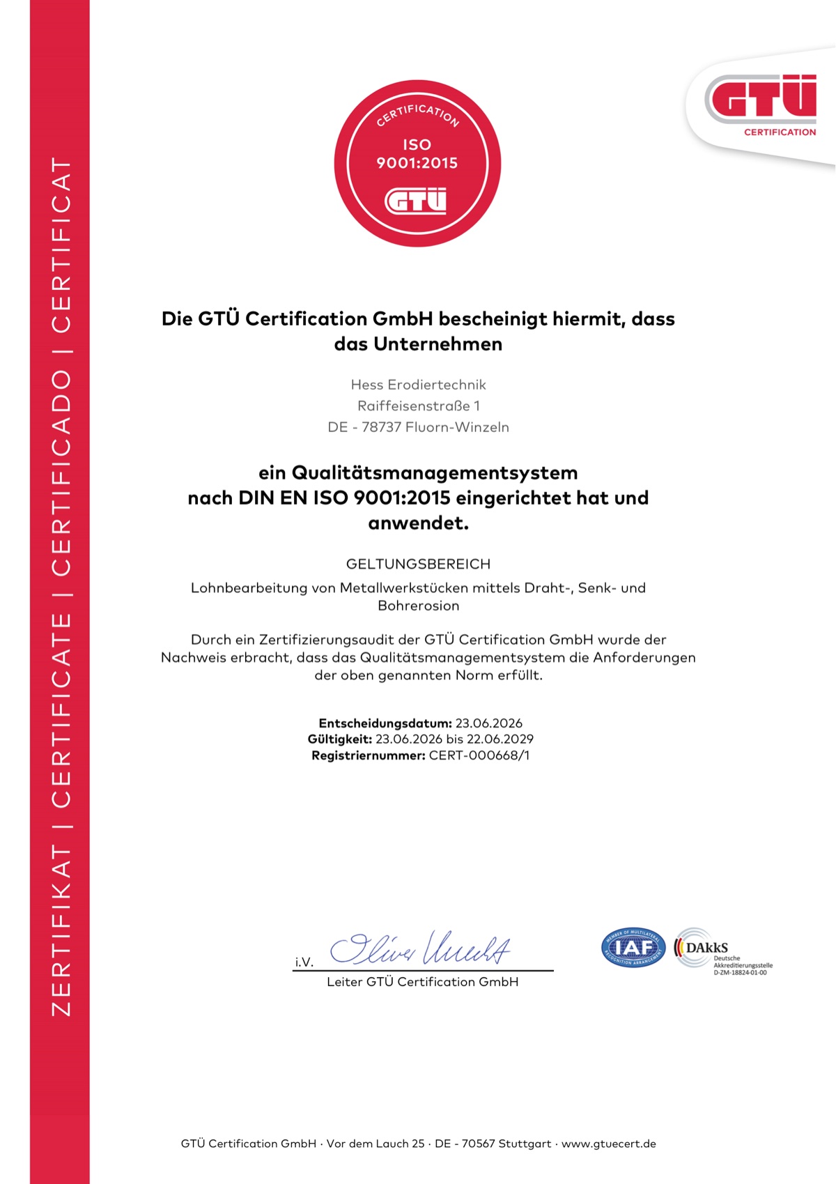Zertifikat DIN EN ISO 9001:2015 von Hess Erodiertechnik